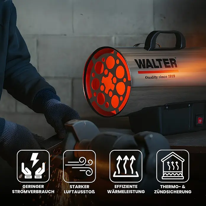 Walter Gasheizer L - 16 kW - 18,2 kW, Brennstoffverbrauch: 1,325 kg/h - Nahaufnahme einer WALTER Heizkanone mit den Aufschriften "Geringer Stromverbrauch, Starker Luftausstoß, Effiziente Wärmeleistung".
