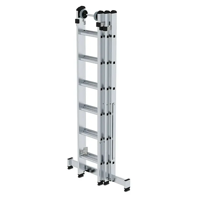 Proregal Mehrzweckleiter 3-teilig - Anzahl Tritte: 18 Stk., Arbeitshöhe: 5.200 mm, Belastbarkeit: 150 kg, Aluminium - Silberne, ausziehbare Aluminiumleiter mit Querstabilisator und Rollen, mit schwarzen Anti-Rutsch-Füßen.