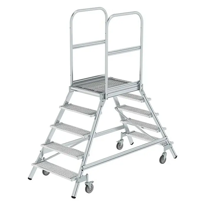 Proregal Treppenpodest beidseitig begehbar - Anzahl Tritte: 5 Stk., Arbeitshöhe: 3.200 mm, Belastbarkeit: 150 kg, Aluminium - Silberfarbene, mobile Aluminium-Arbeitsplattform mit Sicherheitsgeländern, rutschfesten Stufen und Lenkrollen.