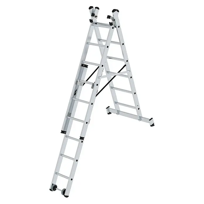 Proregal Mehrzweckleiter 3-teilig - Anzahl Tritte: 18 Stk., Arbeitshöhe: 5.200 mm, Belastbarkeit: 150 kg, Aluminium - Silberne Aluminium-Mehrzweckleiter, A-Rahmen-Konfiguration mit Verlängerung und Rollen.