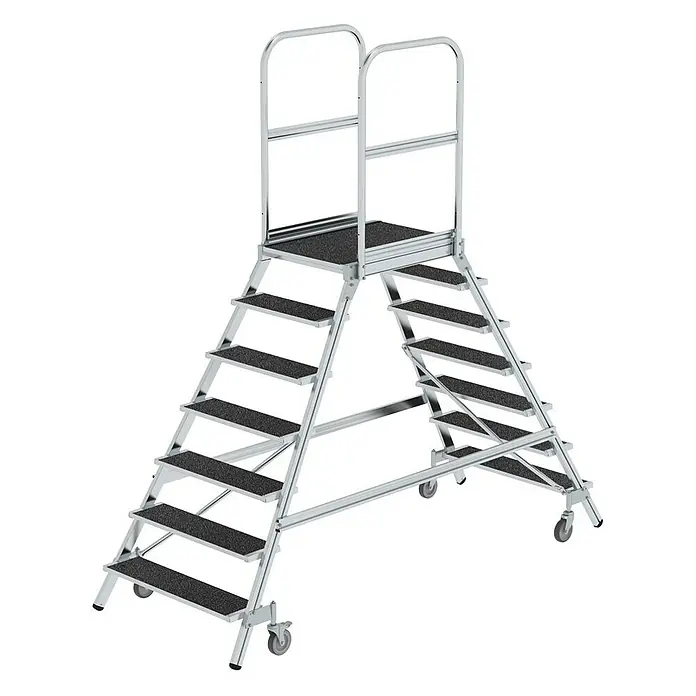 Proregal Treppenpodest beidseitig begehbar - Anzahl Tritte: 7 Stk., Arbeitshöhe: 3.700 mm, Belastbarkeit: 150 kg, Aluminium - Mobile silberne Industrieplattform mit Treppen, schwarzen Anti-Rutsch-Stufen, Sicherheitsgeländern und Rollen.