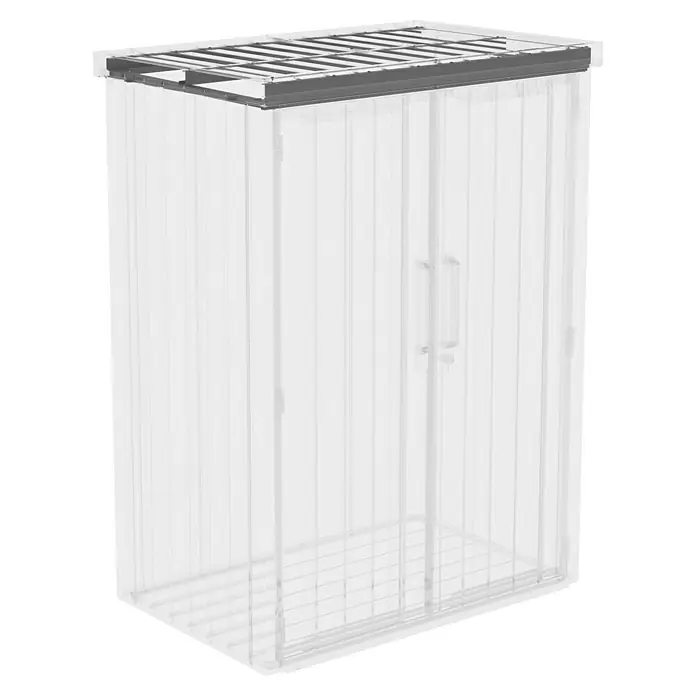 Gardol Dachrahmen - Passend für: Gardol Gerätehaus Storage Prime - Ein transparenter, geräumiger Lagerschrank mit Doppeltüren und grauem Gitterrahmen, ideal zur Aufbewahrung.