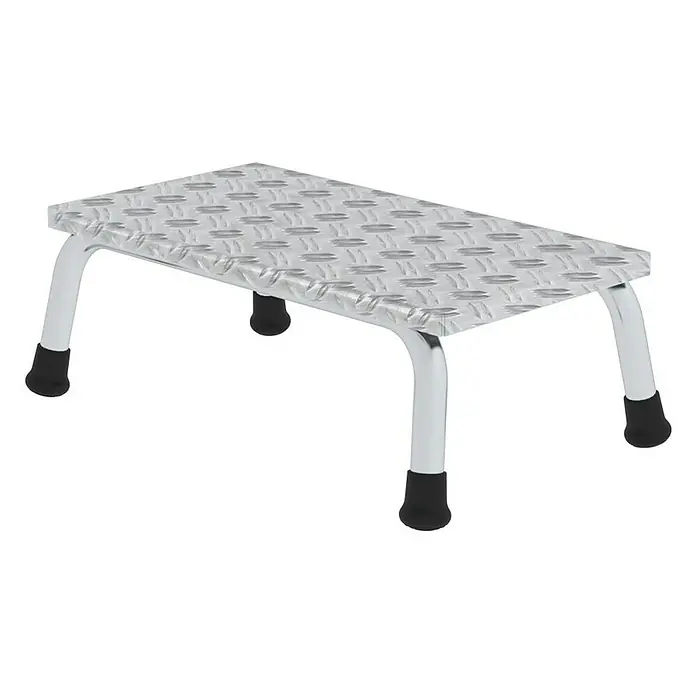 Proregal Treppenpodest Arbeitspodest starr mit 1 Stufe - Anzahl Tritte: 1 Stk., Arbeitshöhe: 2.200 mm, Belastbarkeit: 150 kg, Aluminium - Trittstufe aus Aluminium-Riffelblech mit vier gebogenen Beinen und schwarzen rutschfesten Gummifüßen.