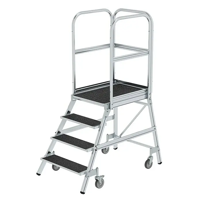 Proregal Treppenpodest einseitig begehbar - Anzahl Tritte: 4 Stk., Arbeitshöhe: 3.000 mm, Belastbarkeit: 150 kg, Aluminium - Silberne Aluminium-Arbeitsplattform, mobil, mit vier Stufen, rutschfesten Tritten, Geländern und Rollen.