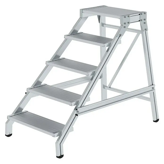 Proregal Treppenpodest Montagetritt mit 5 Stufen - Anzahl Tritte: 5 Stk., Arbeitshöhe: 3.000 mm, Belastbarkeit: 300 kg, Aluminium - Silberne Aluminium-5-Stufen-Plattformleiter.