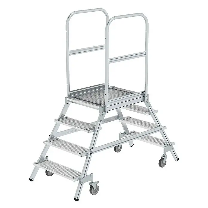Proregal Treppenpodest beidseitig begehbar - Anzahl Tritte: 4 Stk., Arbeitshöhe: 3.000 mm, Belastbarkeit: 150 kg, Aluminium - Silberfarbene mobile Aluminium-Arbeitsplattform mit perforierten Stufen, Handläufen und feststellbaren Rollen für sicheren Höhenzugang.