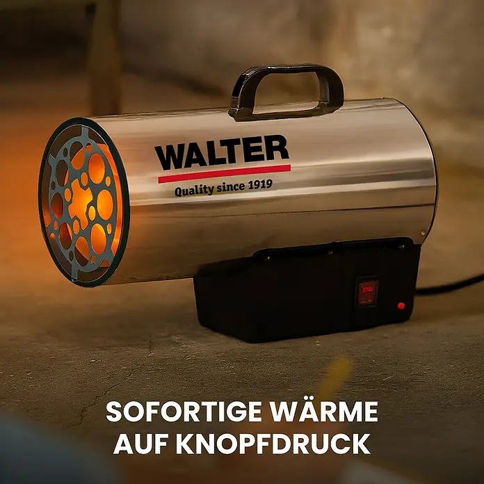 Walter Gasheizer L - 16 kW - 18,2 kW, Brennstoffverbrauch: 1,325 kg/h - Das Bild zeigt einen WALTER Heizlüfter aus Edelstahl mit schwarzem Griff und Bedienfeld. Der Heizlüfter ist eingeschaltet und strahlt Wärme aus.