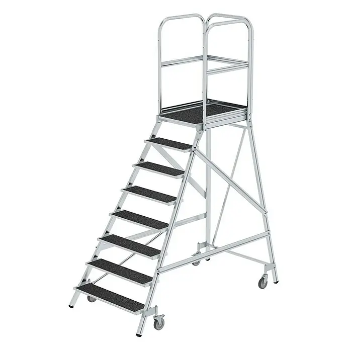 Proregal Treppenpodest einseitig begehbar - Anzahl Tritte: 8 Stk., Arbeitshöhe: 3.900 mm, Belastbarkeit: 150 kg, Aluminium - Mobile Aluminium-Arbeitsplattform mit sieben rutschfesten Stufen, oberer Plattform und Sicherheitsgeländern. Mit vier Rollen ausgestattet.