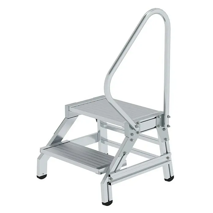 Proregal Treppenpodest Montagetritt mit Handlauf mit Handlauf - Anzahl Tritte: 2 Stk., Arbeitshöhe: 2.400 mm, Belastbarkeit: 300 kg, Aluminium - Zweistufiger Aluminium-Trittschemel mit rutschfester Oberfläche und gebogenem Sicherheits-Handlauf.