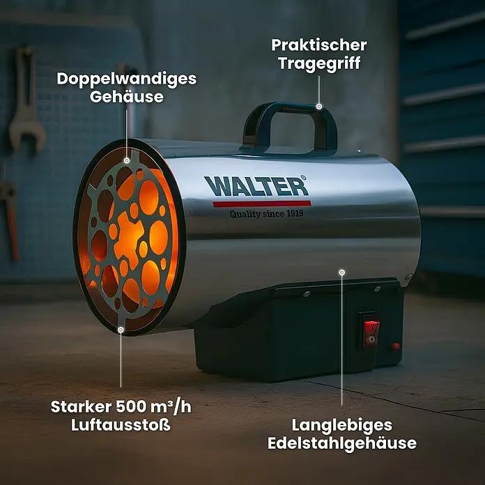 Walter Gasheizer L - 16 kW - 18,2 kW, Brennstoffverbrauch: 1,325 kg/h - Abbildung einer WALTER Heizkanone mit doppelwandigem Gehäuse, Tragegriff und Edelstahldesign.