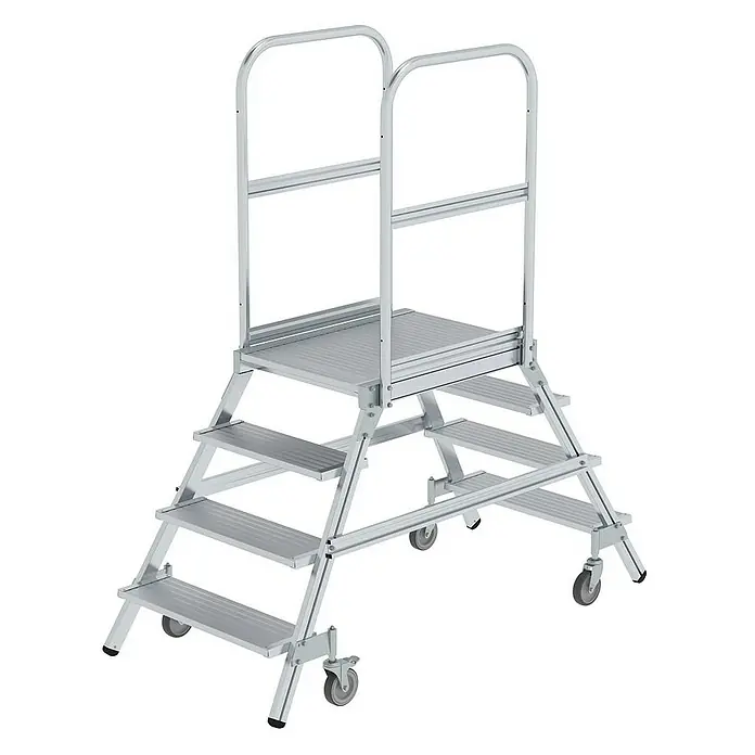 Proregal Treppenpodest beidseitig begehbar - Anzahl Tritte: 4 Stk., Arbeitshöhe: 3.000 mm, Belastbarkeit: 150 kg, Aluminium - Mobile Arbeitsplattform aus silbernem Aluminium mit beidseitigen Stufen, Standfläche, Handläufen und Rollen für leichte Bewegung.