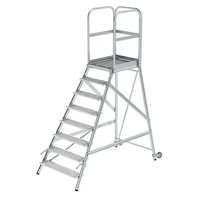 Proregal Treppenpodest einseitig begehbar - Anzahl Tritte: 8 Stk., Arbeitshöhe: 3.900 mm, Belastbarkeit: 150 kg, Aluminium - Silberfarbene mobile Arbeitsplattform mit Stufen, Geländern und Rollen.