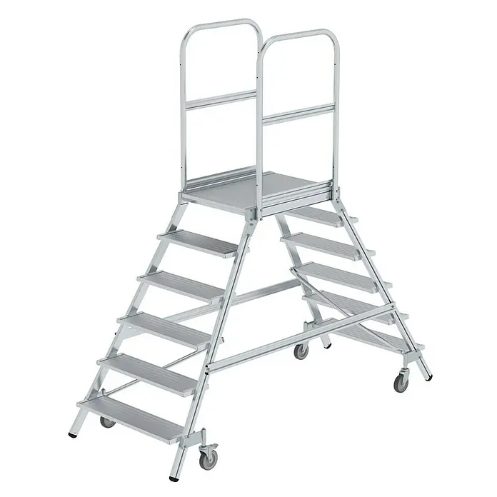 Proregal Treppenpodest beidseitig begehbar - Anzahl Tritte: 6 Stk., Arbeitshöhe: 3.500 mm, Belastbarkeit: 150 kg, Aluminium - Mobile Aluminium-Arbeitsplattform mit beidseitigen Stufen, oberer Plattform, Geländern und Rollen für einfache Bewegung.