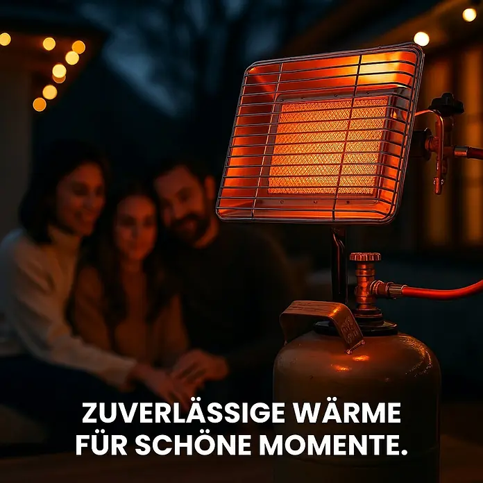 Walter Gasheizstrahler Eco - 2,5 kW - 4,2 kW, Piezo-Zündung - Zuverlässige Wärme für gemütliche Momente mit dem Gasheizer. Perfekt für den Außenbereich, um die Abende zu verlängern.