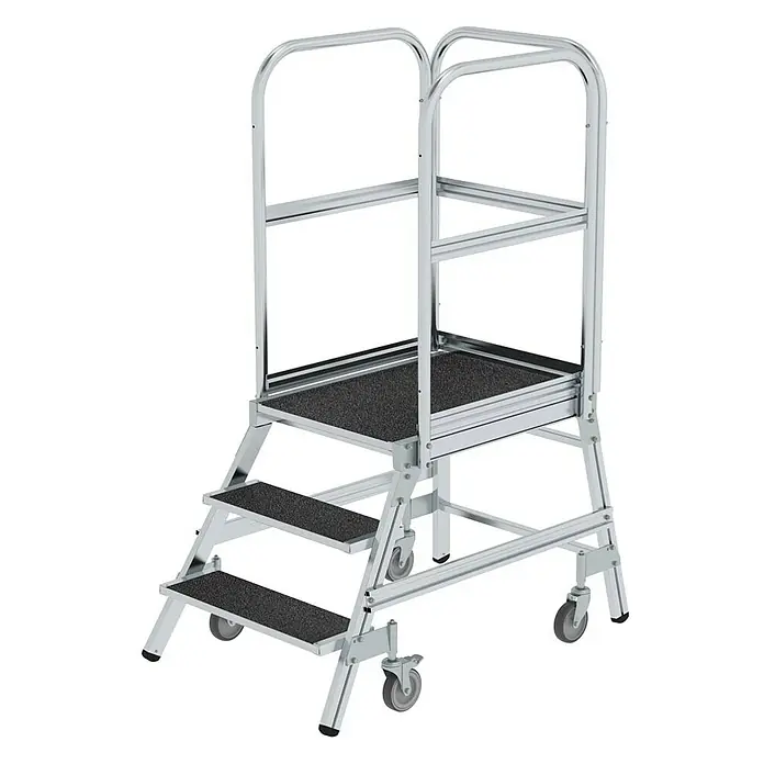 Proregal Treppenpodest einseitig begehbar - Anzahl Tritte: 3 Stk., Arbeitshöhe: 2.700 mm, Belastbarkeit: 150 kg, Aluminium - Silberne Aluminium-Rollstehleiter mit schwarzen rutschfesten Stufen, Geländern und Lenkrollen für leichte Bewegung.