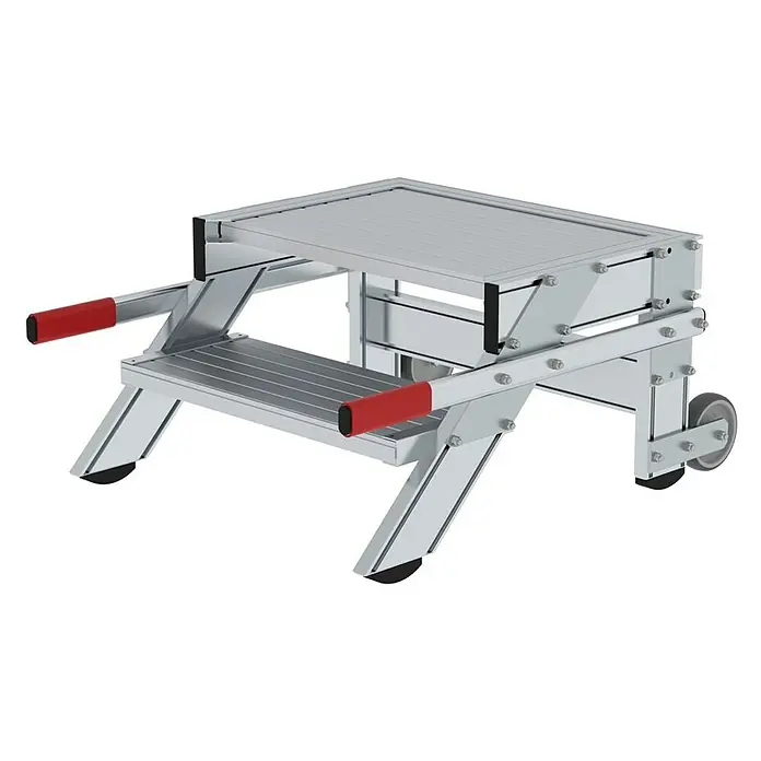 Proregal Treppenpodest Arbeitspodest fahrbar - Anzahl Tritte: 2 Stk., Arbeitshöhe: 2.400 mm, Belastbarkeit: 200 kg, Aluminium - Tragbare silberne Aluminium-Zweistufen-Arbeitsplattform mit roten Griffen und Rädern.