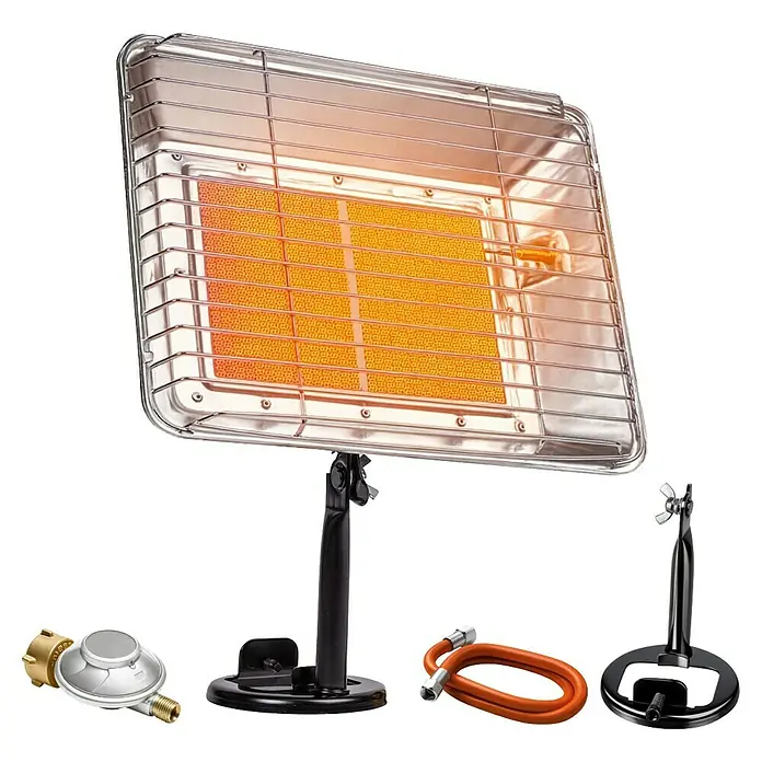 Walter Gasheizstrahler Eco - 2,5 kW - 4,2 kW, Piezo-Zündung - Abbildung eines Terrassenstrahlers mit Gasregler und Schlauch, ideal für Outdoor-Events und zur Verlängerung der Gartensaison.
