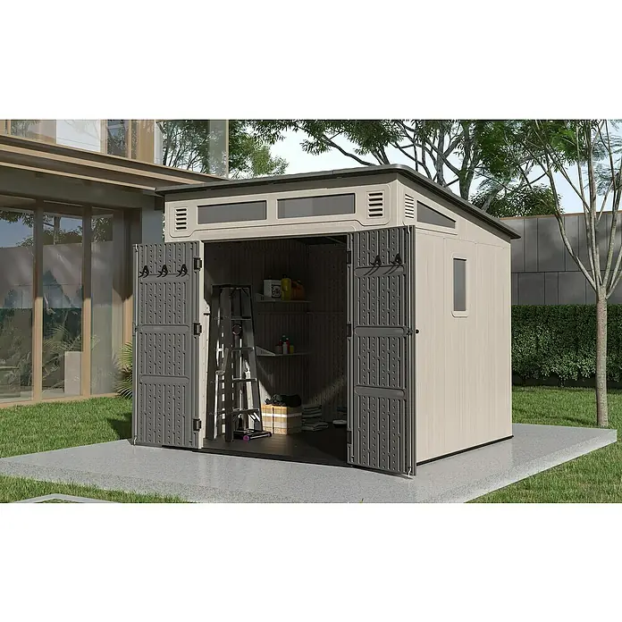 Gardol Gerätehaus Antares III - Außenmaß inkl. Dachüberstand (B x T): 254 x 254 cm, Kunststoff, Steingrau - Ein geräumiger Gartenschuppen mit geöffneten Doppeltüren, ideal zur Aufbewahrung von Gartengeräten und Werkzeugen im Außenbereich.
