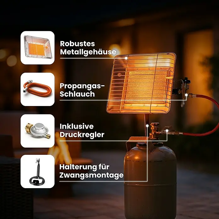 Walter Gasheizstrahler Eco - 2,5 kW - 4,2 kW, Piezo-Zündung - Bild einer Terrassenheizung mit robustem Metallgehäuse, Propangasschlauch, Druckregler und Halterung.