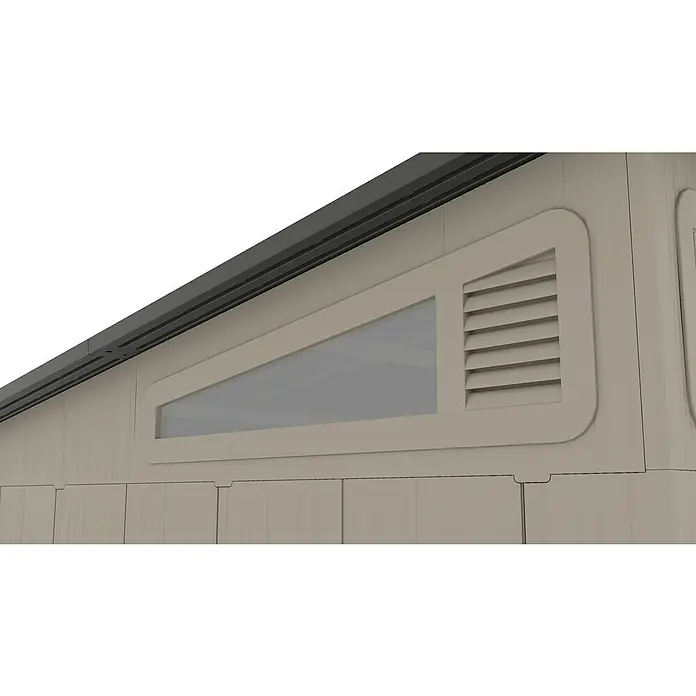 Gardol Gerätehaus Antares III - Außenmaß inkl. Dachüberstand (B x T): 254 x 254 cm, Kunststoff, Steingrau - Detailaufnahme eines Gartenhauses mit einem Fenster mit dreieckiger Glasfläche und einem Lüftungsgitter rechts daneben.