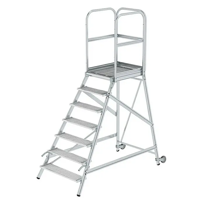 Proregal Treppenpodest einseitig begehbar - Anzahl Tritte: 7 Stk., Arbeitshöhe: 3.700 mm, Belastbarkeit: 150 kg, Aluminium - Silberne mobile Arbeitsplattform aus Aluminium mit breiten Stufen, großer Standfläche und Geländern, mit Rollen.