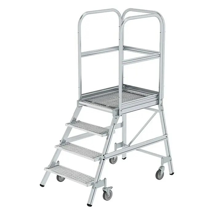 Proregal Treppenpodest einseitig begehbar - Anzahl Tritte: 4 Stk., Arbeitshöhe: 3.000 mm, Belastbarkeit: 150 kg, Aluminium - Silberne fahrbare Arbeitsplattform mit Stufen, Standfläche, Handläufen und Rollen.