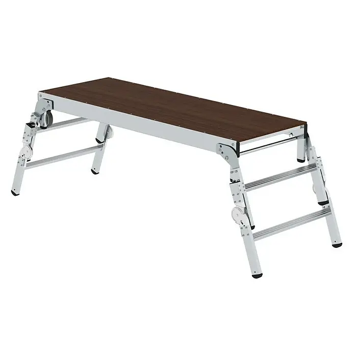 Proregal Treppenpodest Maschinenpodest höhenverstellbar - Arbeitshöhe: 2.750 mm, Belastbarkeit: 300 kg, Aluminium - Tragbare Aluminium-Arbeitsplattform mit dunkelbrauner rutschfester Oberfläche und verstellbaren, klappbaren Leiterbeinen.