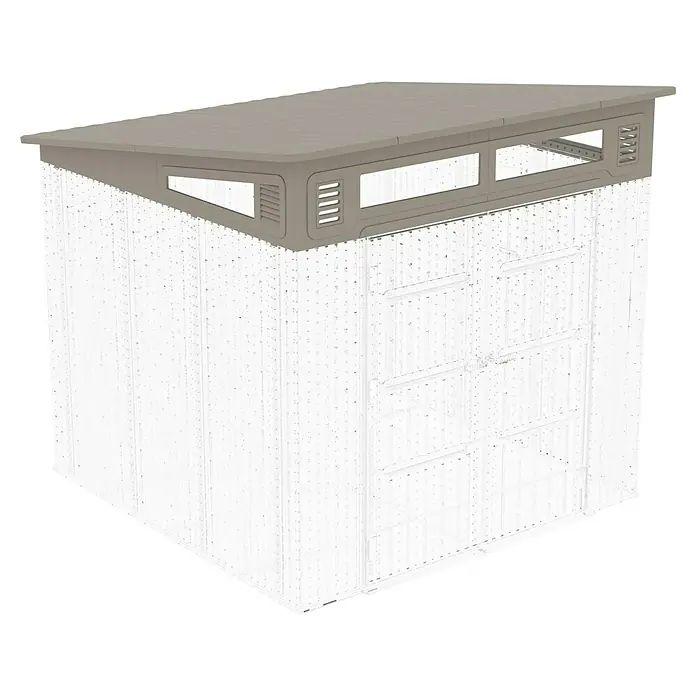 Gardol Oberlicht - Passend für: Gardol Gerätehaus Antares III - Abbildung eines Gartenhauses mit einem schrägen Dach. Das Haus ist aus Metall und hat eine Tür.