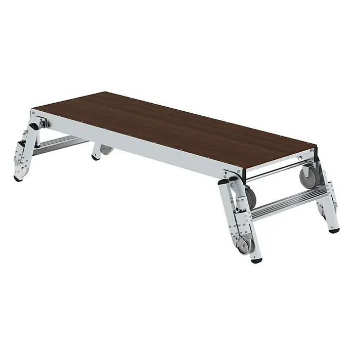 Proregal Treppenpodest Maschinenpodest höhenverstellbar - Arbeitshöhe: 2.750 mm, Belastbarkeit: 300 kg, Aluminium - Tragbare Arbeitsplattform aus Aluminium mit dunkelbrauner Holzplatte, verstellbaren Beinen und integrierten Rollen.