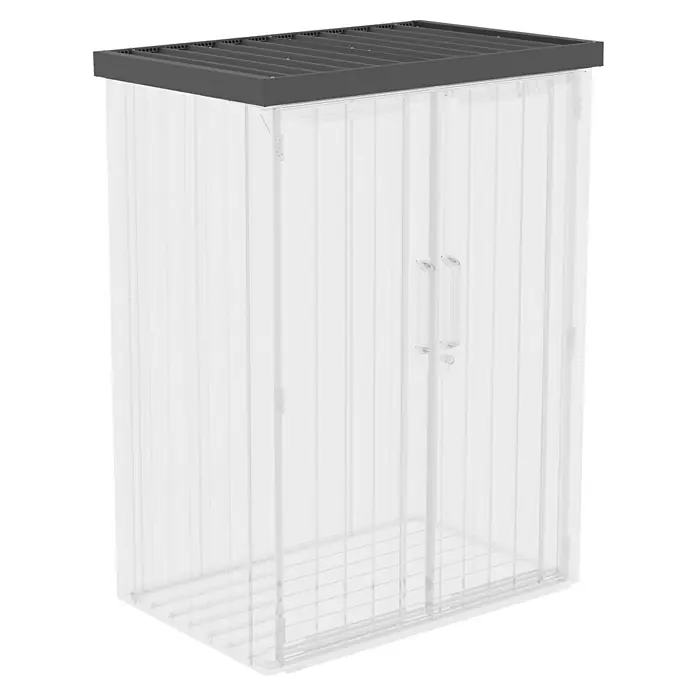 Gardol Dach Prime - Passend für: Gardol Geräteschrank Prime - Ein geräumiger Gerätehaus mit grauer Bedachung und durchsichtigen Wänden bietet viel Stauraum für Gartengeräte und mehr.