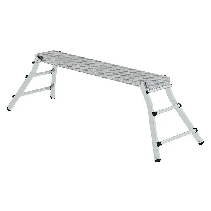 Proregal Treppenpodest Arbeitsdiele klappbar - Arbeitshöhe: 2.700 mm, Belastbarkeit: 150 kg, Aluminium - Silberne Aluminium-Arbeitsplattform mit Riffelblechoberfläche und Leiterbeinen für erhöhten Zugang.