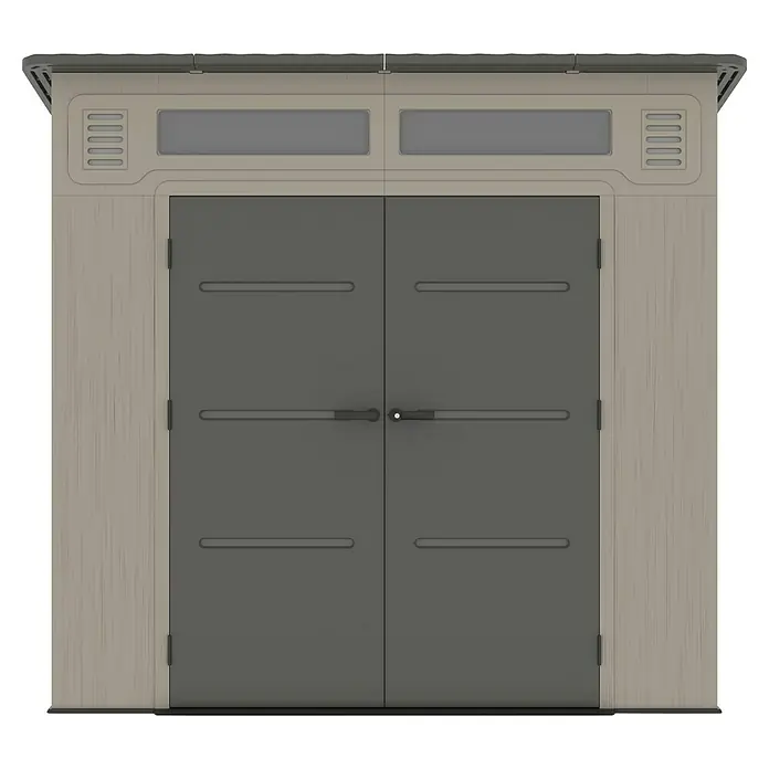 Gardol Gerätehaus Antares III - Außenmaß inkl. Dachüberstand (B x T): 254 x 254 cm, Kunststoff, Steingrau - Ansicht der Doppeltür eines Gartenhauses mit braunem Holzrahmen und grauem Paneeldesign.