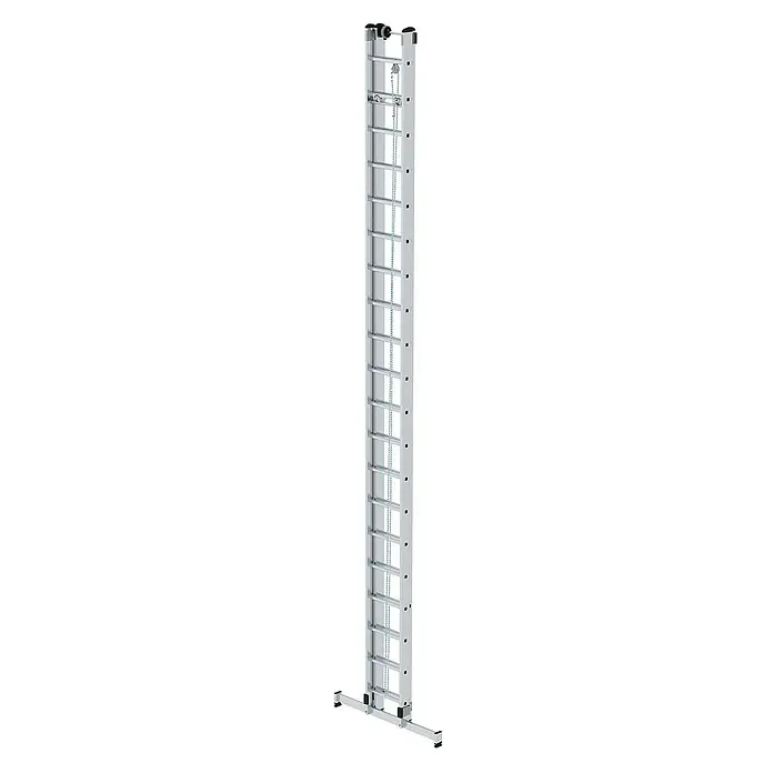 Proregal Seilzugleiter 2-teilig - Anzahl Tritte: 40 Stk., Arbeitshöhe: 11.400 mm, Belastbarkeit: 150 kg, Aluminium - Silberne Aluminium-Ausziehleiter mit Kettenmechanismus und Stabilisator am Fuß.