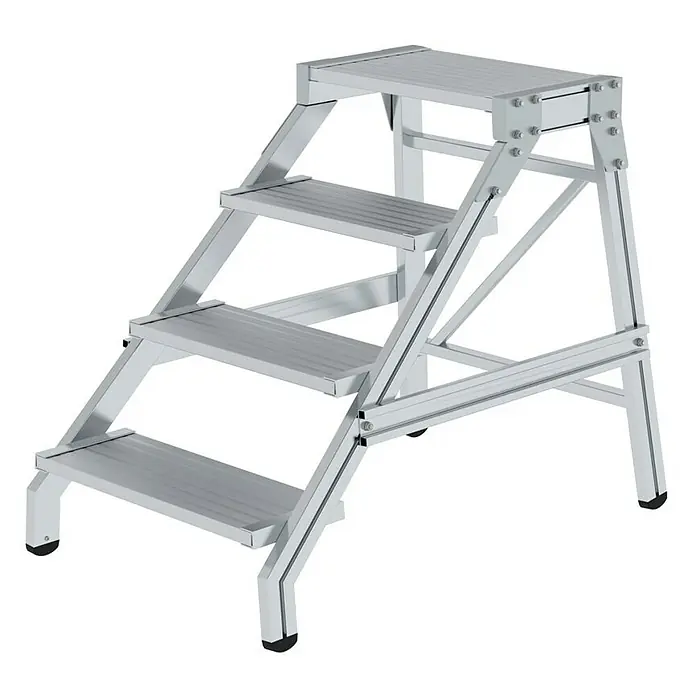 Proregal Treppenpodest Montagetritt mit 4 Stufen - Anzahl Tritte: 4 Stk., Arbeitshöhe: 2.800 mm, Belastbarkeit: 300 kg, Aluminium - Silberfarbene, vierstufige Aluminium-Sicherheitsstufen mit rutschfesten Trittflächen und stabilem Rahmen, mit schwarzen Gummifüßen.