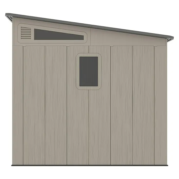 Gardol Gerätehaus Antares III - Außenmaß inkl. Dachüberstand (B x T): 254 x 254 cm, Kunststoff, Steingrau - Ansicht eines Gerätehauses mit trapezförmigem Fenster, Lüftungsgitter und einem rechteckigen Fenster, ideal zur Aufbewahrung im Garten.