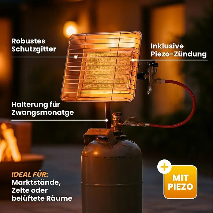 Walter Gasheizstrahler Eco - 2,5 kW - 4,2 kW, Piezo-Zündung - Nahaufnahme einer Gasheizung mit robustem Schutzgitter, Piezo-Zündung und Halterung für Zwangsmonatge, ideal für Marktstände und Zelte.