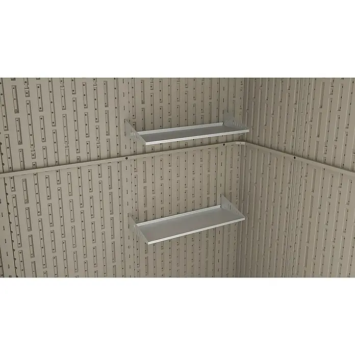 Gardol Gerätehaus Antares III - Außenmaß inkl. Dachüberstand (B x T): 254 x 254 cm, Kunststoff, Steingrau - Regale an der Wand mit einheitlichem Design. Ideal für Werkstätten, Garagen oder Hobbyräume. Robuste Regale für mehr Stauraum.