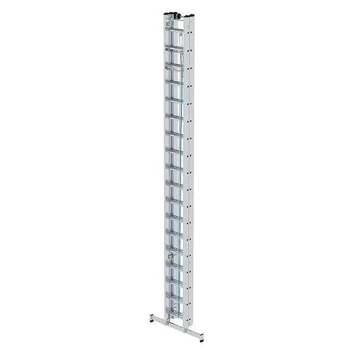 Proregal Seilzugleiter 3-teilig - Anzahl Tritte: 54 Stk., Arbeitshöhe: 13.600 mm, Belastbarkeit: 150 kg, Aluminium - Hohe silberne Aluminium-Dachbodenleiter mit Kettenmechanismus und Stabilisierungsbasis.