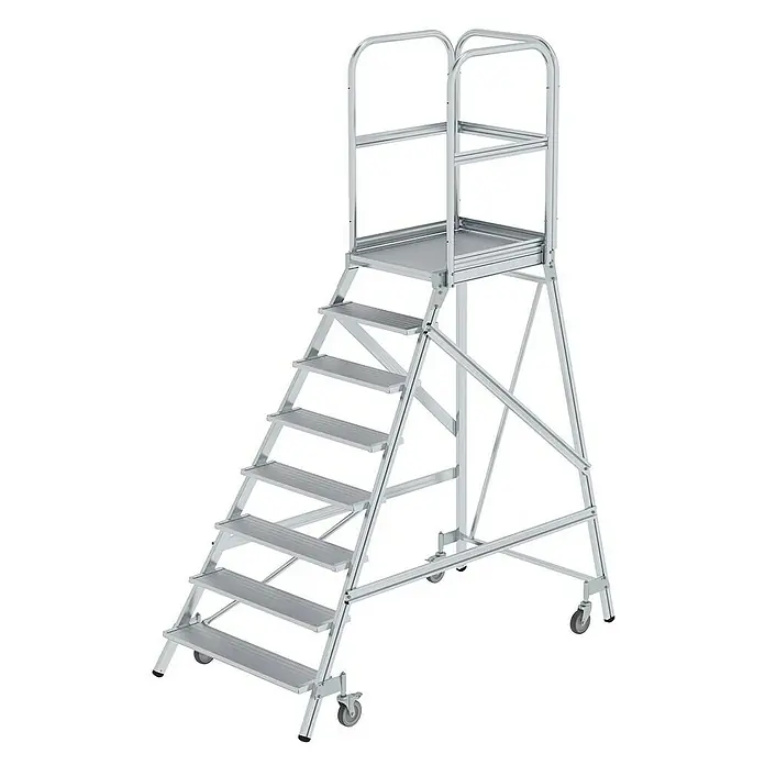 Proregal Treppenpodest einseitig begehbar - Anzahl Tritte: 8 Stk., Arbeitshöhe: 3.900 mm, Belastbarkeit: 150 kg, Aluminium - Silberne mobile Arbeitsbühne aus Aluminium mit mehreren Stufen, einer geräumigen Plattform, Sicherheitsgeländern und Rollen zur einfachen Versetzung.