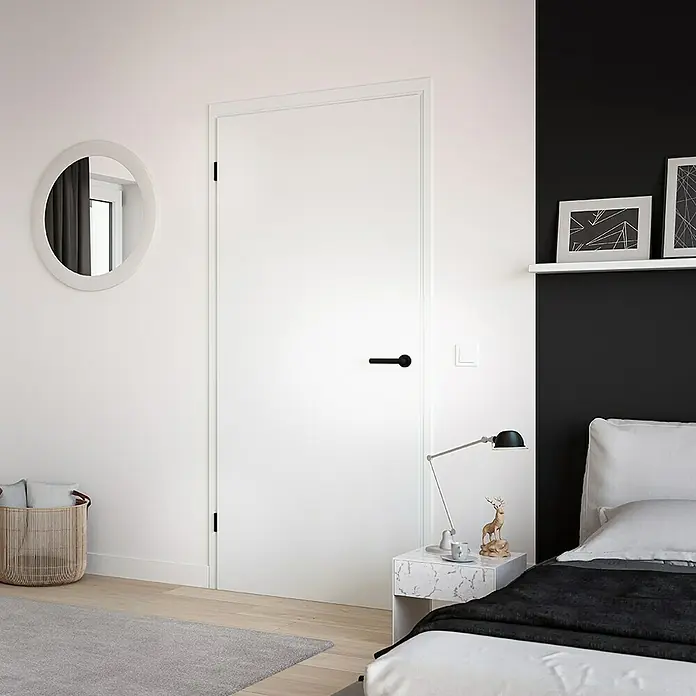Diamond Doors Juego de manillas para puerta de habitación L-Form Premium smart2lock - Grosor de la puerta: 38 mm - 45 mm, Forma L, Acero inoxidable, Apertura según normativa: Izquierda, Específico para: Las puertas sin orificio para la cerradura; las puertas con orificio para la cerradura necesitan además una roseta ciega. - Una puerta interior blanca y moderna con una manija negra elegante, que se integra perfectamente en el diseño minimalista del dormitorio.