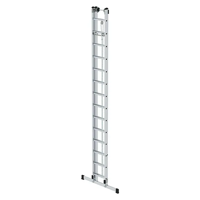 Proregal Seilzugleiter 2-teilig - Anzahl Tritte: 28 Stk., Arbeitshöhe: 8.300 mm, Belastbarkeit: 150 kg, Aluminium - Silberne Aluminium-Schiebeleiter mit Seilzugsystem, Rollen und breitem Stabilisatorbalken.