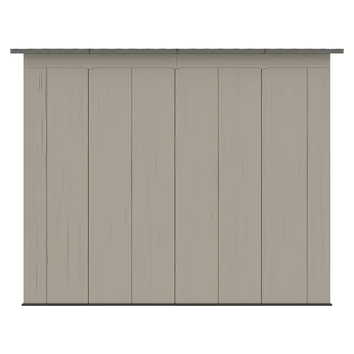 Gardol Gerätehaus Antares III - Außenmaß inkl. Dachüberstand (B x T): 254 x 254 cm, Kunststoff, Steingrau - Ansicht einer Lagerraumfassade mit grauen Holzpaneelen und einer silbernen Dachlinie, die robuste Bauweise und Funktionalität zeigt.