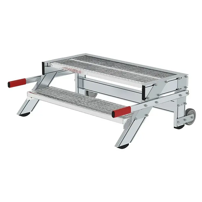 Proregal Treppenpodest Arbeitspodest fahrbar - Anzahl Tritte: 2 Stk., Arbeitshöhe: 2.400 mm, Belastbarkeit: 200 kg, Aluminium - Silberne zweistufige Arbeitsplattform mit Gitterstufen, roten Griffen und Rollen für Mobilität.