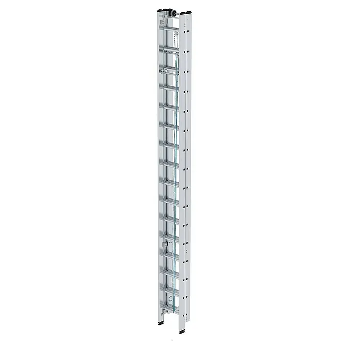 Proregal Seilzugleiter 3-teilig - Anzahl Tritte: 48 Stk., Arbeitshöhe: 11.900 mm, Belastbarkeit: 150 kg, Aluminium - Silberne Aluminium-Zweiteilige Auszugsleiter mit Seil- und Rollensystem.