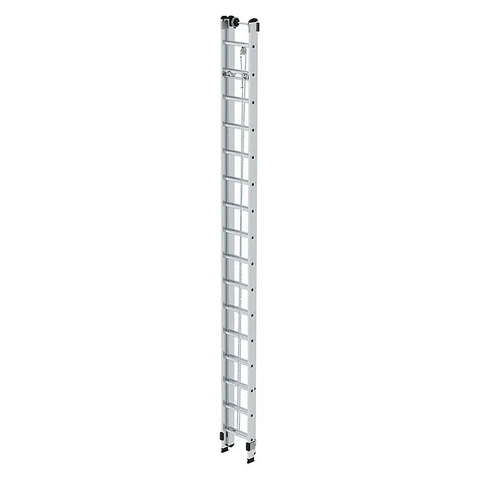 Proregal Seilzugleiter 2-teilig - Anzahl Tritte: 32 Stk., Arbeitshöhe: 9.400 mm, Belastbarkeit: 150 kg, Aluminium - Silberne Aluminium-Ausziehleiter mit Seilzugsystem und Rollen oben für leichtes Ausfahren.