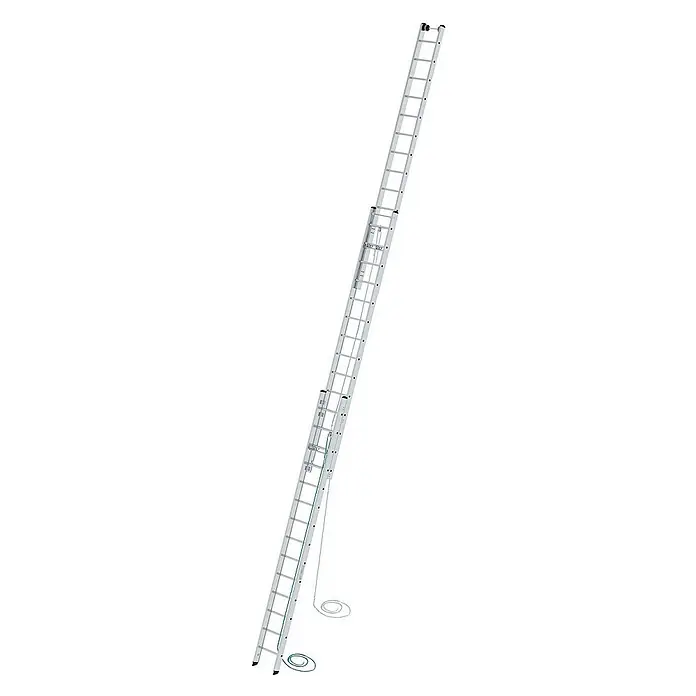 Proregal Seilzugleiter 3-teilig - Anzahl Tritte: 48 Stk., Arbeitshöhe: 11.900 mm, Belastbarkeit: 150 kg, Aluminium - Silberne Aluminium-Ausziehleiter mit mehreren Sektionen und Seilmechanismus.