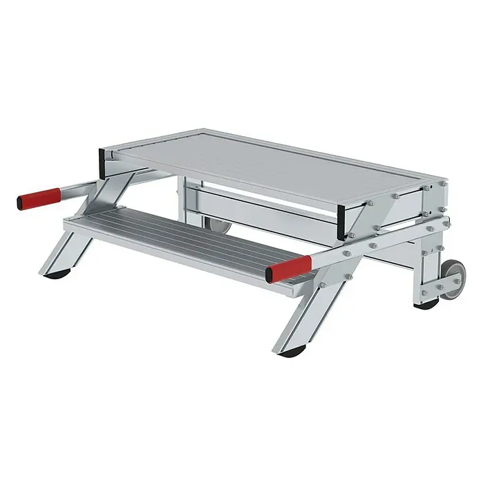 Proregal Treppenpodest Arbeitspodest fahrbar - Anzahl Tritte: 2 Stk., Arbeitshöhe: 2.400 mm, Belastbarkeit: 200 kg, Aluminium - Silberne Aluminium-Zweistufenplattform mit geriffelten Stufen, roten Griffen und kleinen Rädern für Mobilität.