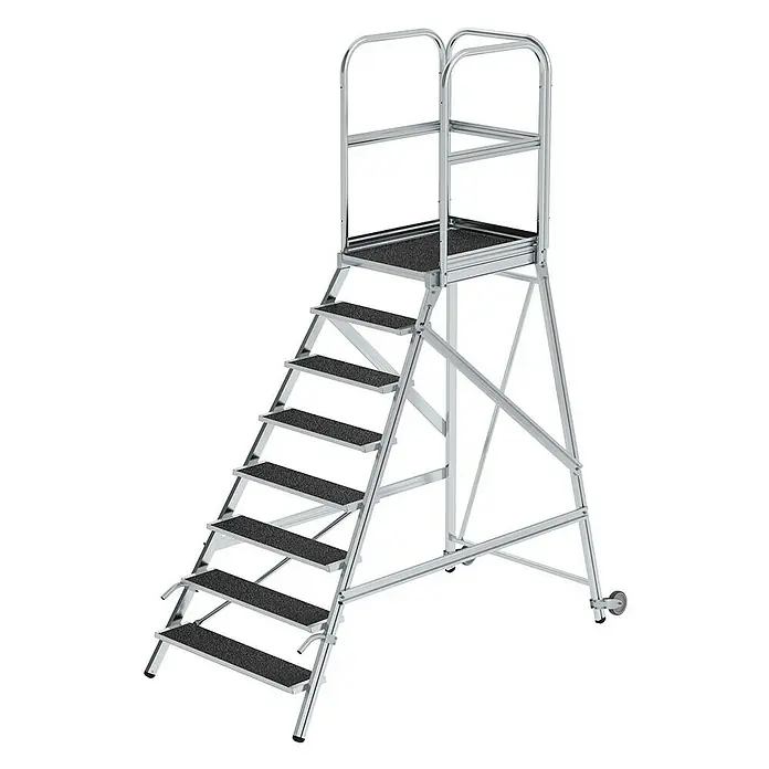 Proregal Treppenpodest einseitig begehbar - Anzahl Tritte: 8 Stk., Arbeitshöhe: 3.900 mm, Belastbarkeit: 150 kg, Aluminium - Mobile Arbeitsplattform aus silbernem Aluminium mit schwarzen Anti-Rutsch-Stufen, großer Standfläche und Sicherheitsgeländern, rollbar.