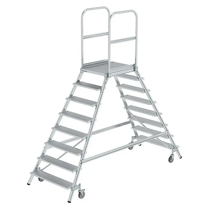 Proregal Treppenpodest beidseitig begehbar - Anzahl Tritte: 8 Stk., Arbeitshöhe: 3.900 mm, Belastbarkeit: 150 kg, Aluminium - Mobile Arbeitsplattform aus silbernem Aluminium mit beidseitigen Stufen, Geländer und Rollen.