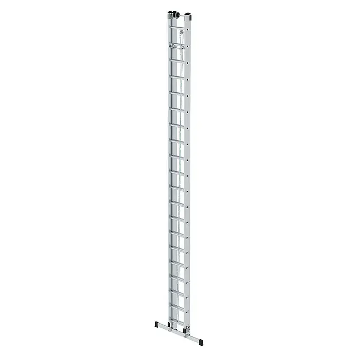 Proregal Seilzugleiter 2-teilig - Anzahl Tritte: 40 Stk., Arbeitshöhe: 11.400 mm, Belastbarkeit: 150 kg, Aluminium - Silberne Aluminium-Ausziehleiter mit Stabilisator, oberen Rollen und Verstellkette.